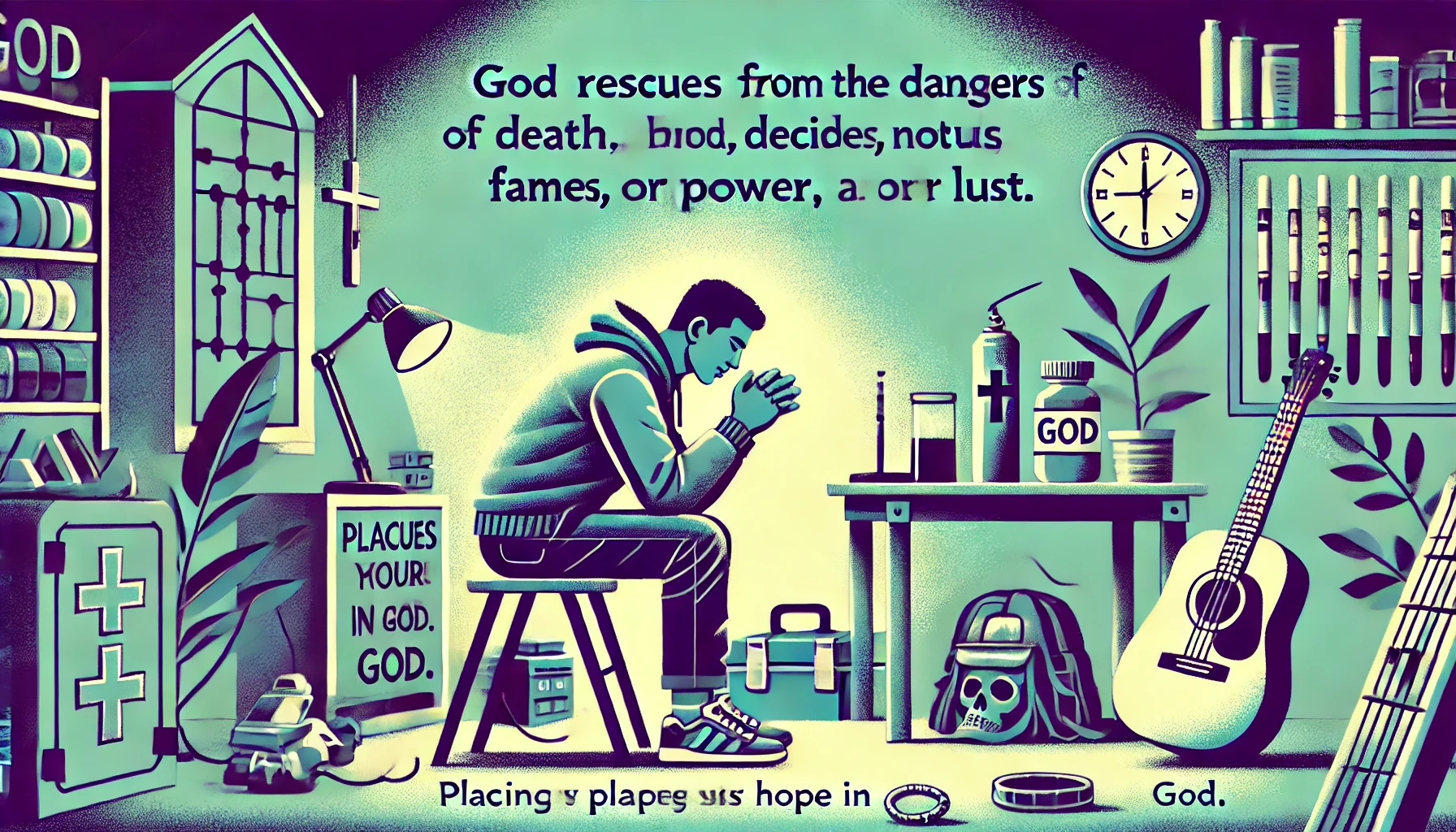 Here is the illustration showing a modern person reflecting on the message that God rescues them from the dangers of death and saves them from various difficulties and hardships. The scene includes the person dedicating time to prayer, deciding not to rely on worldly possessions, fame, power, or lust. The person is depicted praying earnestly, with a focus on placing their hope in God. The environment features a serene and quiet space for prayer, highlighting the person's commitment to seeking God and placing their hope in Him, with symbols of discarded worldly pursuits nearby.