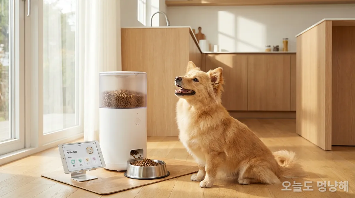 스마트 급식기에서 사료를 먹는 한국 삽살개