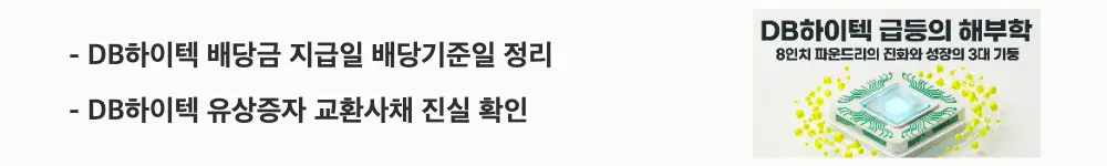 DB하이텍 주가 전망: 'DB하이텍 배당금 지급일 배당기준일 정리'라는 문구가 포함된 웹배너 이미지. 이 이미지는 DB하이텍의 배당금 지급일과 배당기준일, 유상증자 여부를 시각적으로 전달하며, 블로그의 DB하이텍 주가 전망과 관련된 내용을 설명함