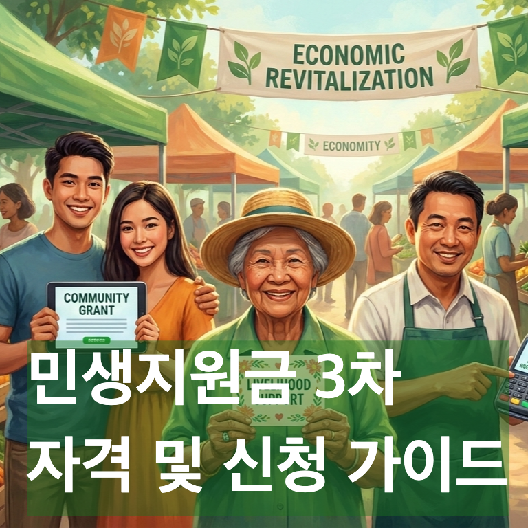 다양한 계층의 사람들이 활기찬 지역 시장을 배경으로 민생지원금 카드를 들고 미소 짓는 모습. 경제 활성화와 생활 안정의 희망을 상징합니다.