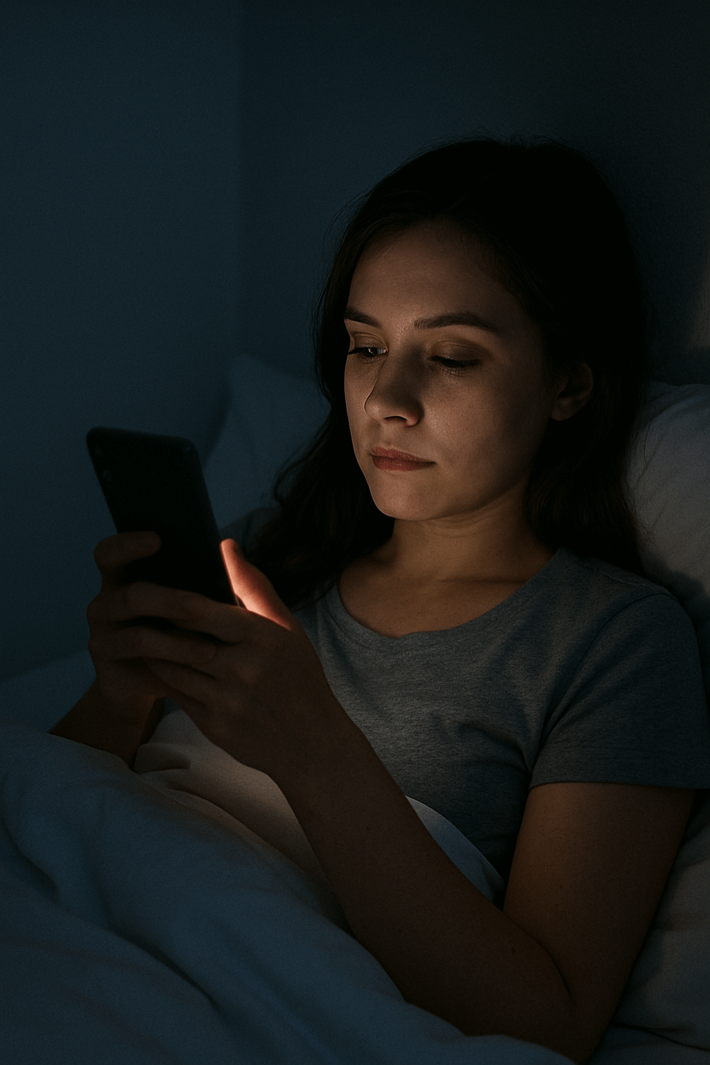 어두운 밤에 환한 스마트폰을 하고 있는 현대인 이미지