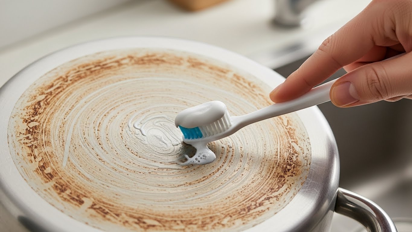 칫솔에 치약을 묻혀 냄비의 미세한 탄 자국을 닦아내는 모습