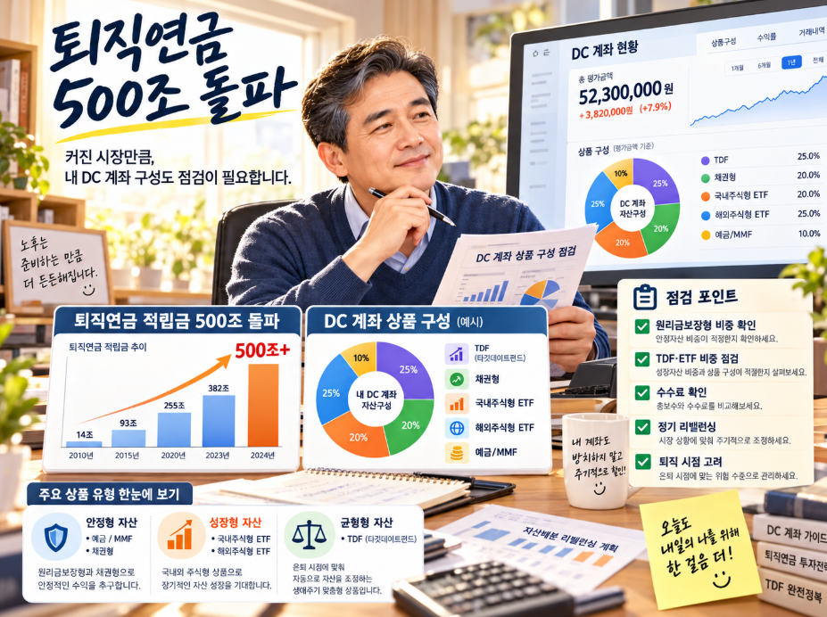퇴직연금 500조 돌파 통계와 DC 계좌 상품 구성을 점검하는 직장인