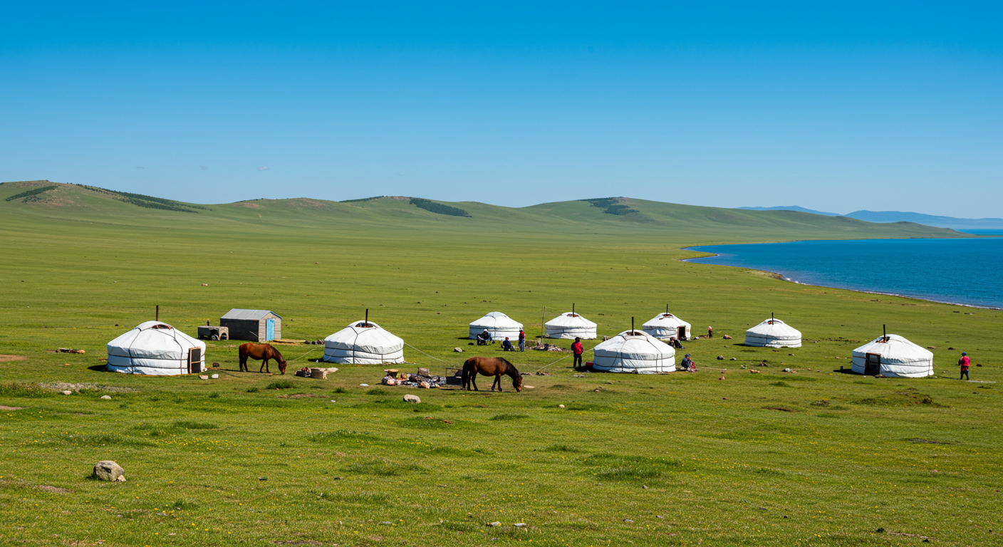 초원위 흰 유르트(게르)가 호숫가에 자리잡고 있다