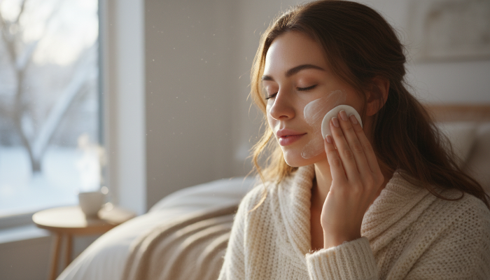 집에서 수분 크림을 활용해 셀프 팩 관리를 하는 모습