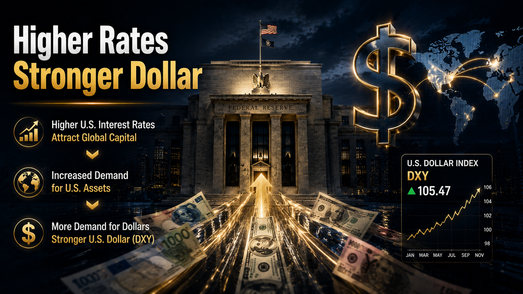 Higher U.S. interest rates attracting global capital and strengthening the U.S. dollar.