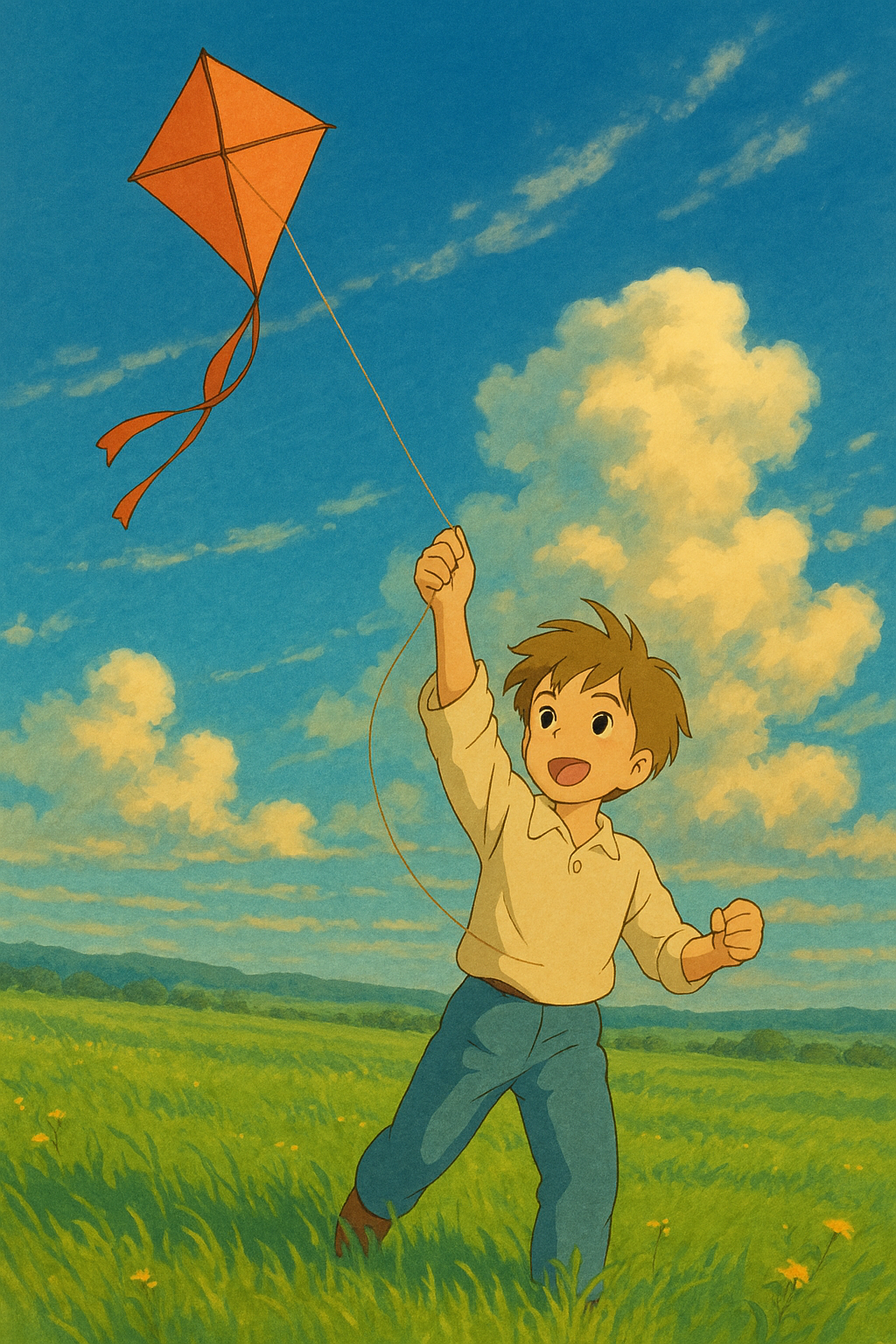 챗GPT 지브리 스타일 만들 때 알아두면 좋은 명령어 &amp; 꿀팁 모음, 푸른 들판에서 연을 날리는 남자아이, 따뜻한 햇살과 지브리풍 하늘을 배경으로 그려줘