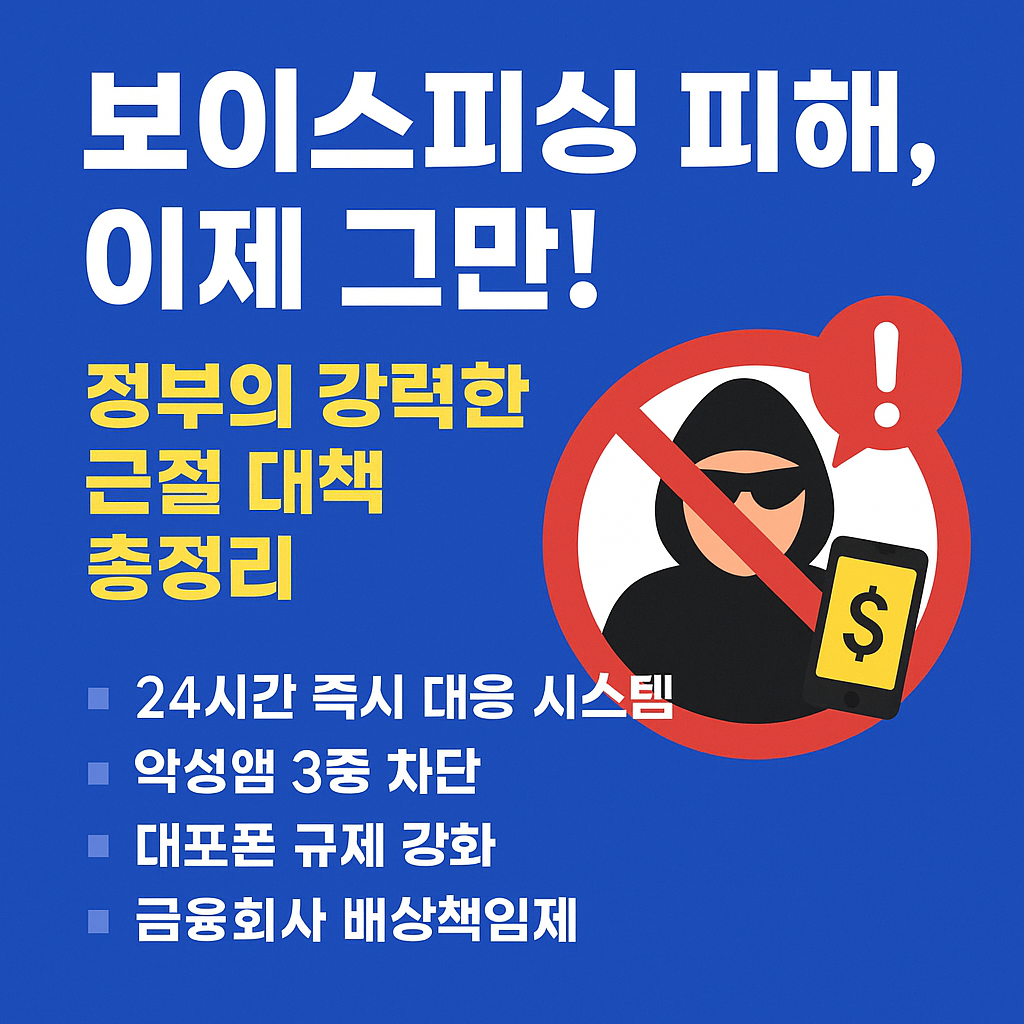 보이스피싱 근절 캠페인 썸네일, 정부의 강력한 대책 홍보, 보이스피싱 피해 예방 안내, 24시간 대응 시스템 강조, 악성앱 차단 안내, 대포폰 규제 강화 이미지, 금융회사 배상책임제 홍보, 전화사기 근절 포스터, 보이스피싱 주의 안내, 국민 안전 캠페인