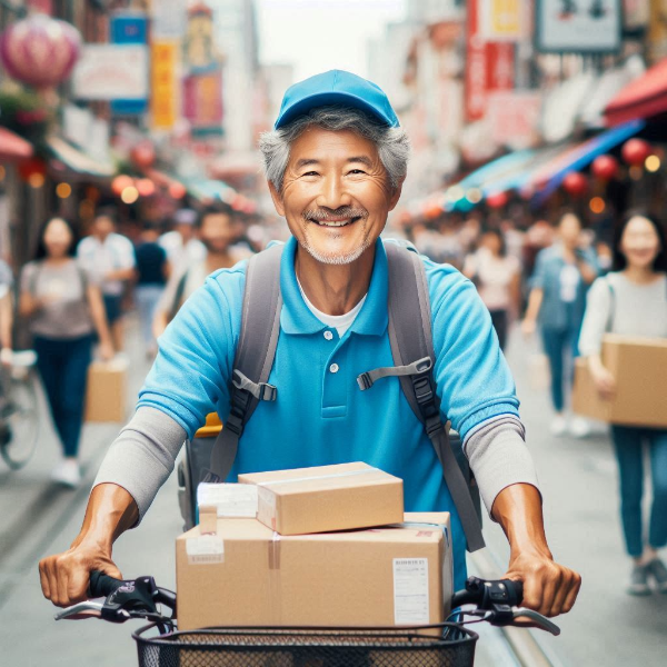 노인이 행복한 표정으로 자전거를 타고 택배일하는 사진