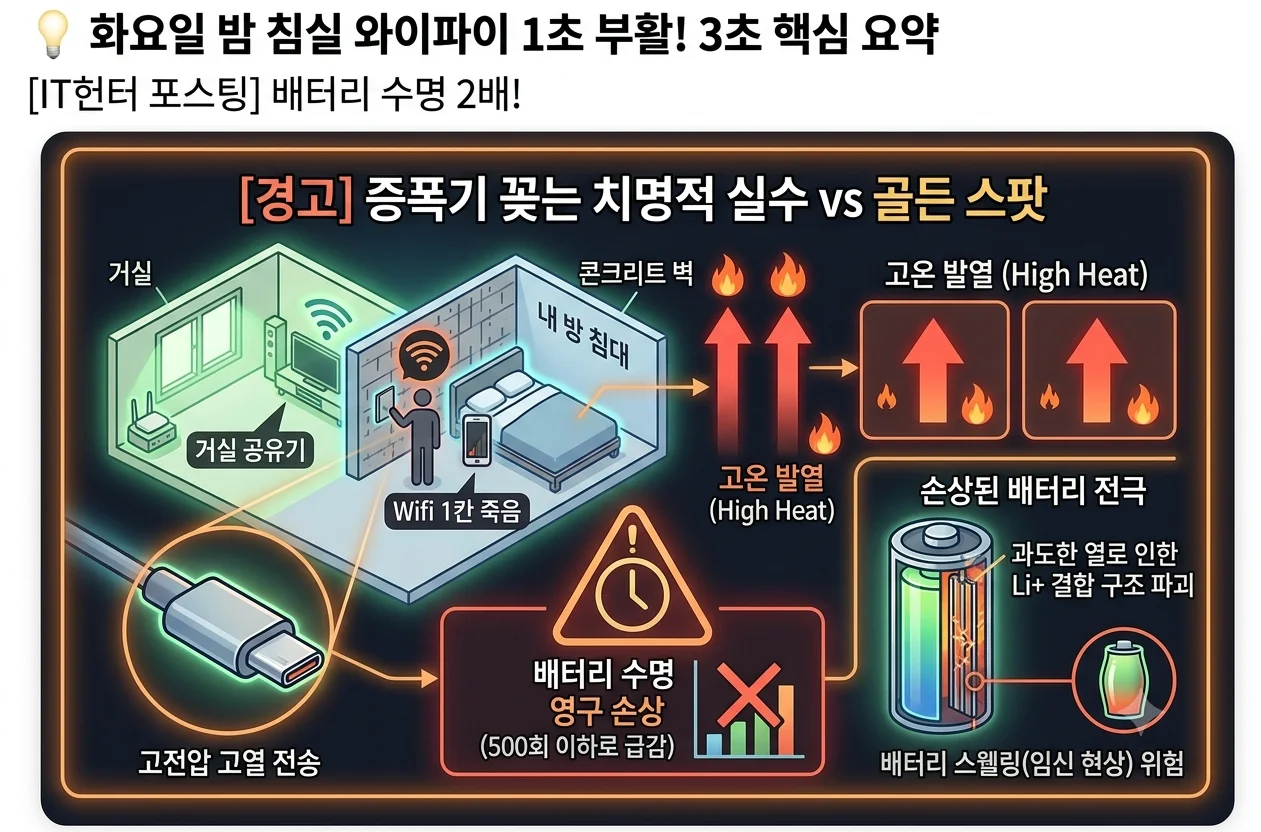 와이파이 증폭기 설치 위치 방 안 잘못된 설치 vs 중간 통로 골든 스팟 설치 안내