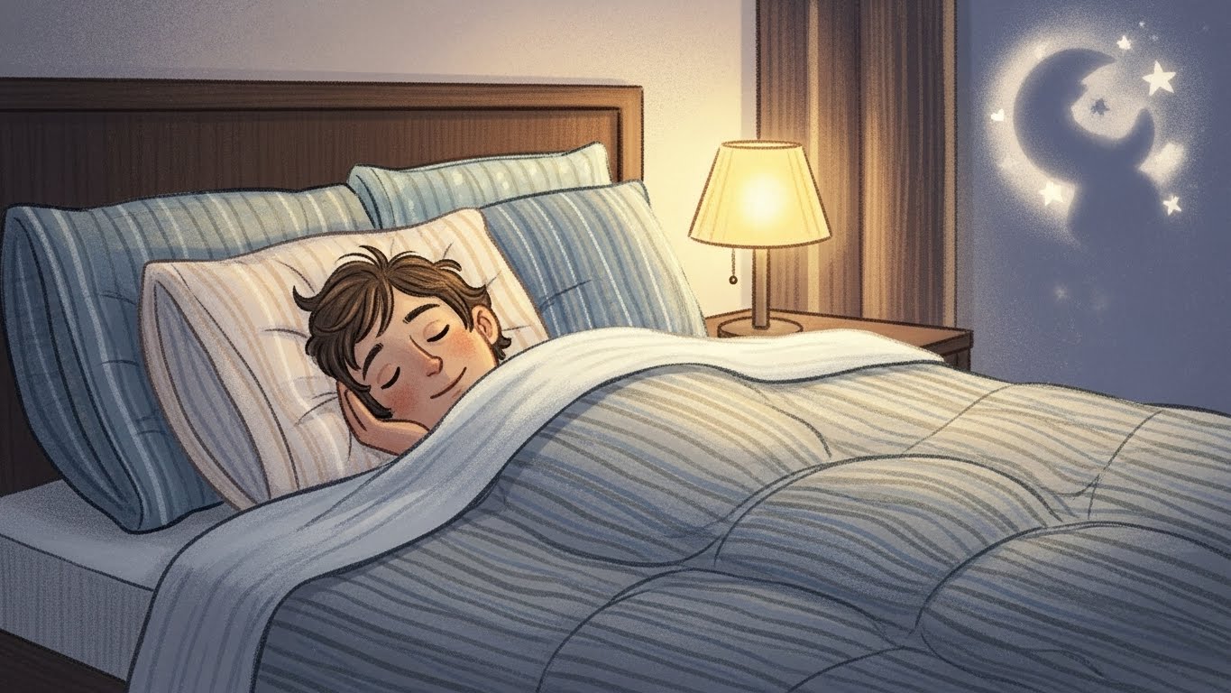 Person sleeping under soft, warm lighting to create a calming bedtime environment for better sleep quality.