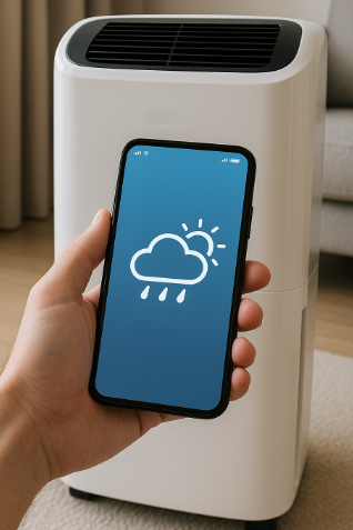 날씨 앱을 실행 중인 스마트폰과 제습기 모습