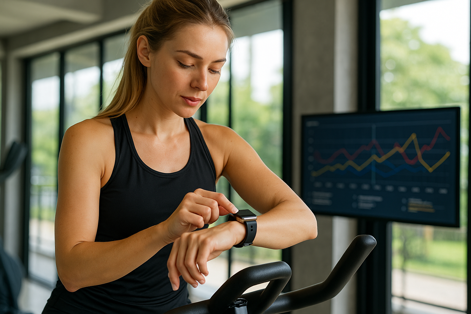 헬스장에서 스마트 워치를 이용하여 운동량을 확인하고 있는 여자의 모습