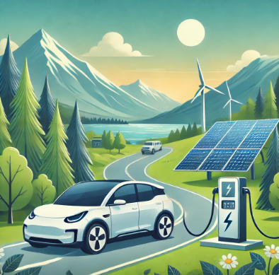 태양광 패널이 있는 멋진 전기 자동차 여행을 보여주며, 여행에 태양 에너지를 사용하는 친환경적이고 지속 가능한 특성을 강조합니다.