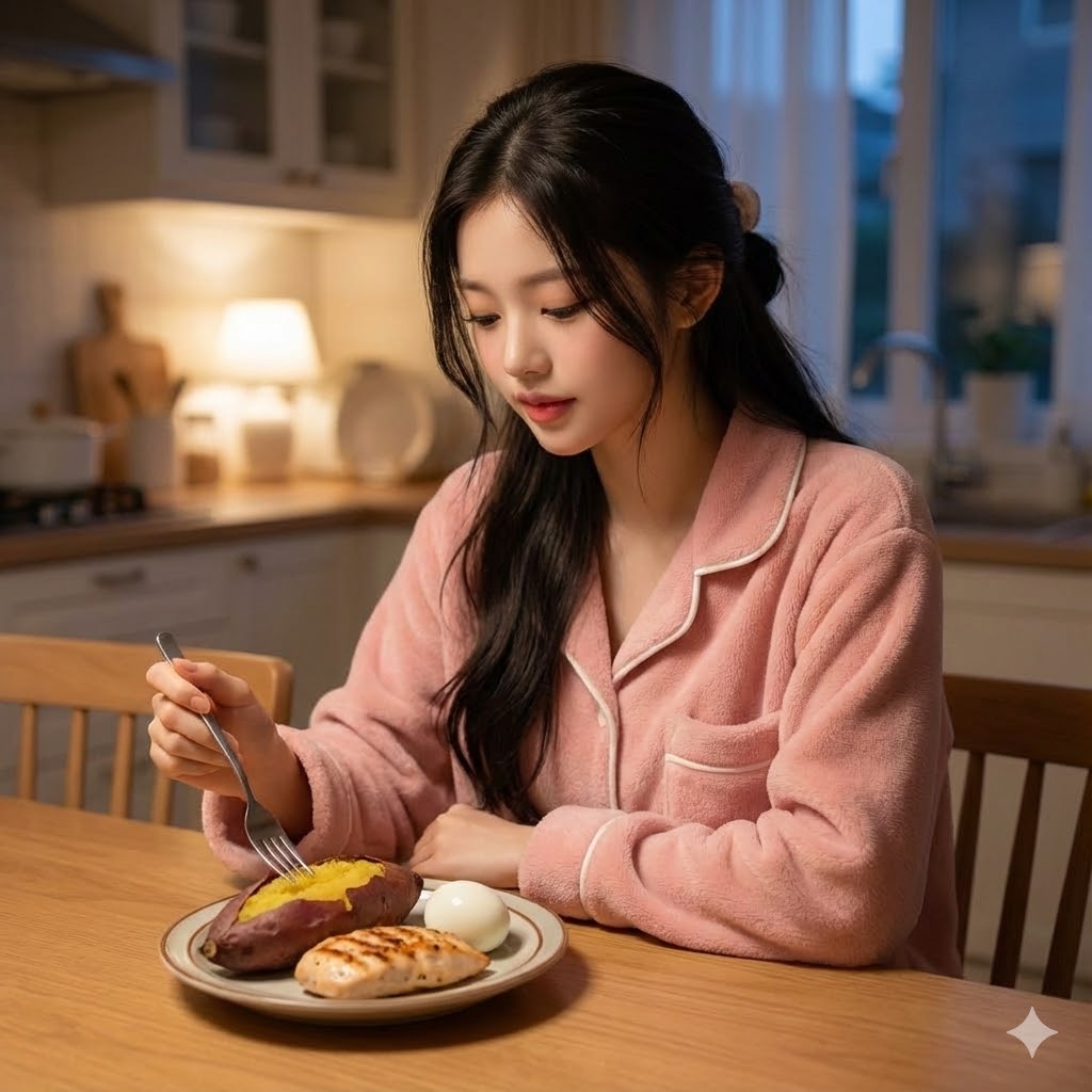 저녁에 탄수화물과 음식을 섭취하는 여성 사진