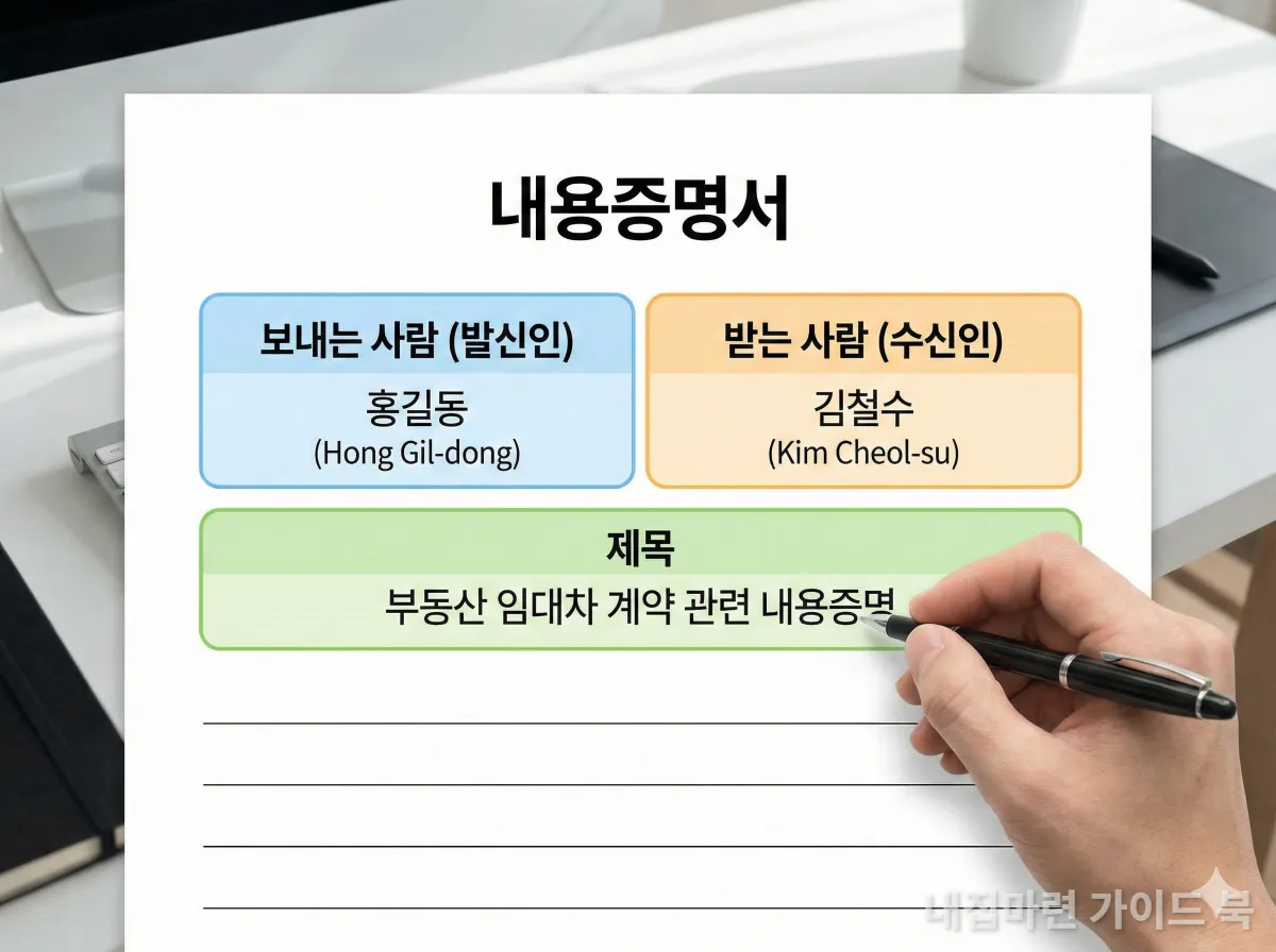 내용증명 작성 양식과 펜을 든 손