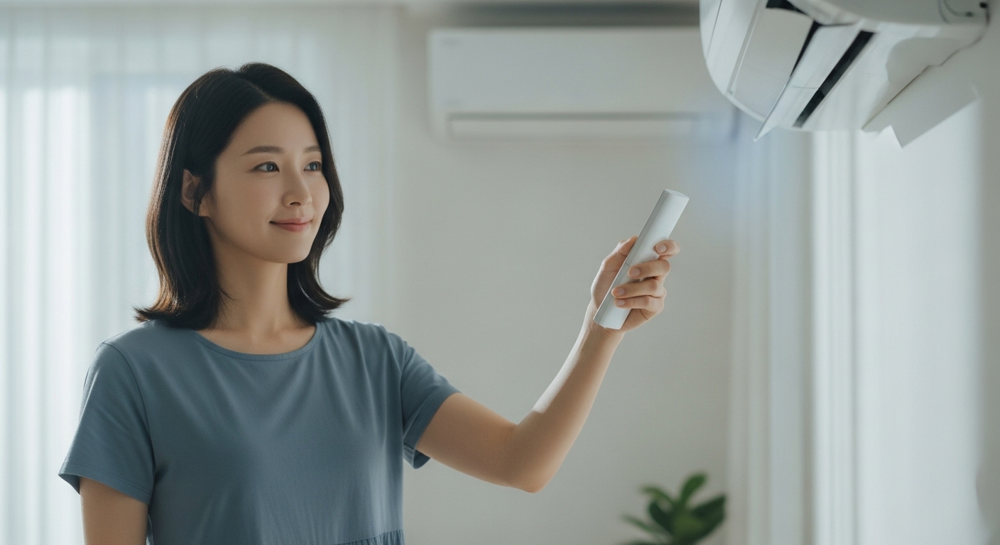 스마트홈 에어컨 절약 자동화를 하고 있는 여성