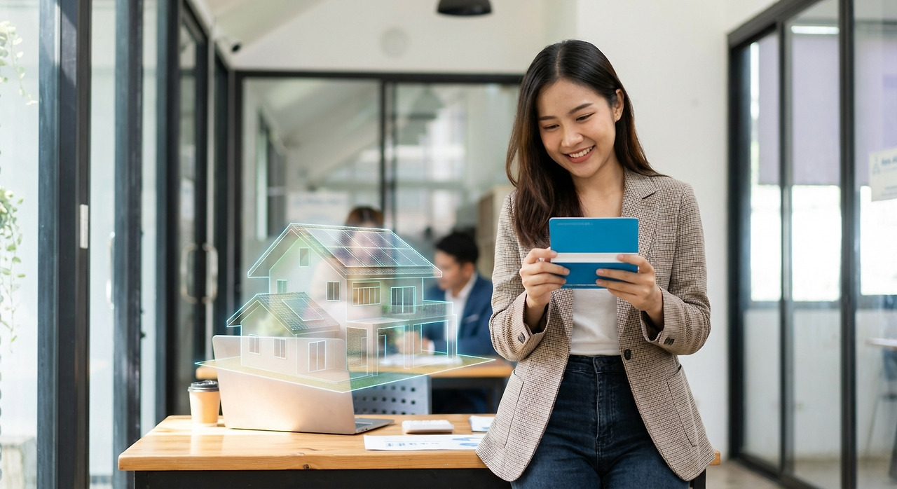 한국 여성청년이 통장을들고 환하게 웃고있는 이미지