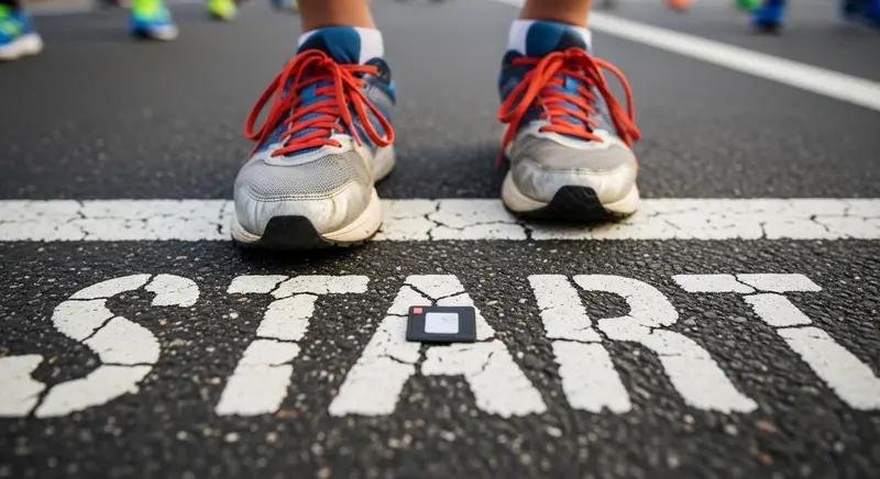 마라톤 출발선(START) 위에 선 러너의 신발과 바닥에 놓인 기록 측정 칩 클로즈업