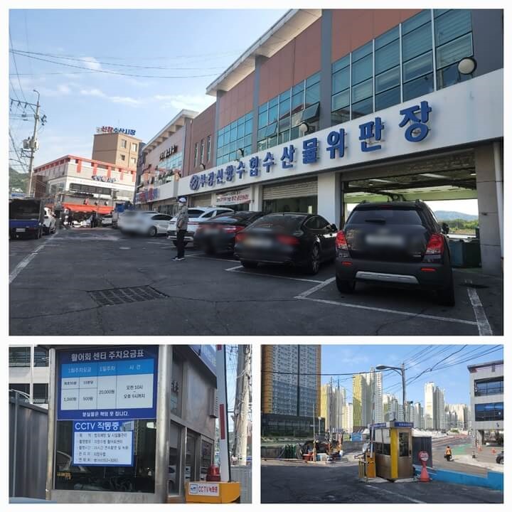부경신항수협수산물 위판장 적힌 건물