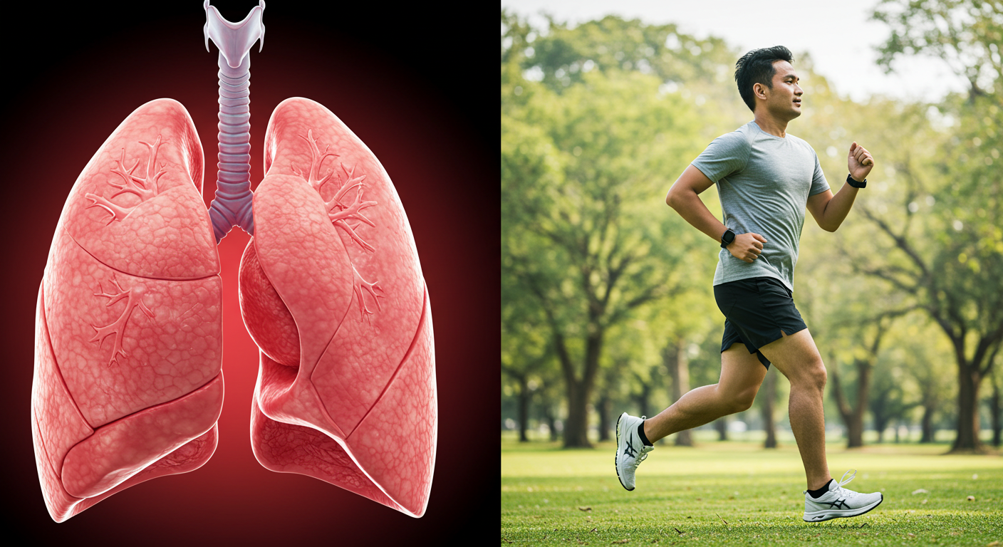 건강한 폐 모습과, 건강한 남성이 잔디밭을 뛰고 있는 모습이다.