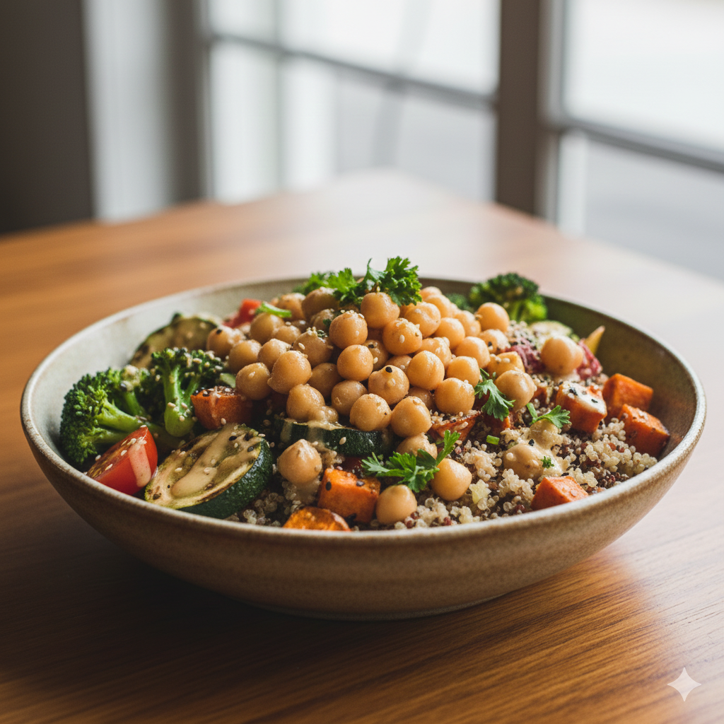 신선한 채소와 든든한 병아리콩 알맹이가 듬뿍 들어간 다이어트용 칙피 샐러드