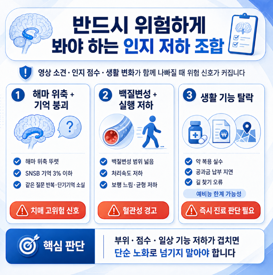이미지5 ALT: 해마 위축, 기억력 저하, 백질변성, 생활 기능 저하가 함께 나타날 때 주의해야 할 인지 저하 위험 조합 인포그래픽
