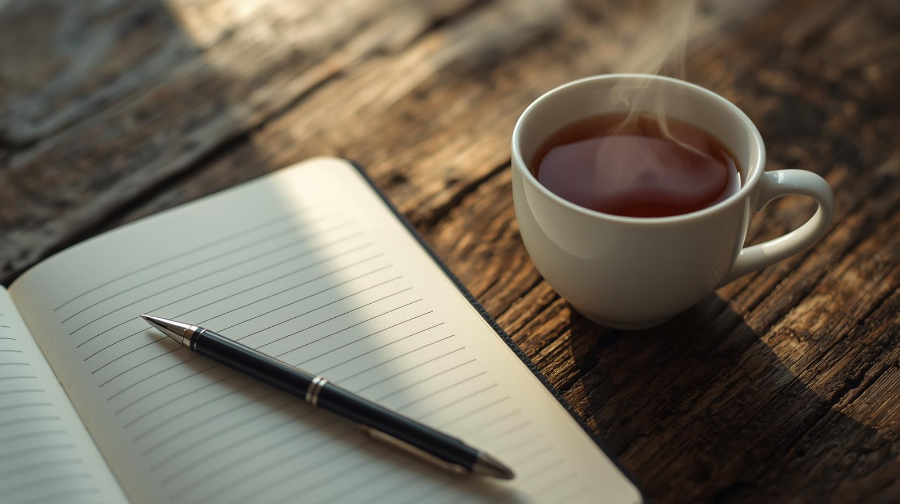 나무 책상 위 노트와 차 한 잔, 루틴을 기록하는 따뜻한 감성 이미지