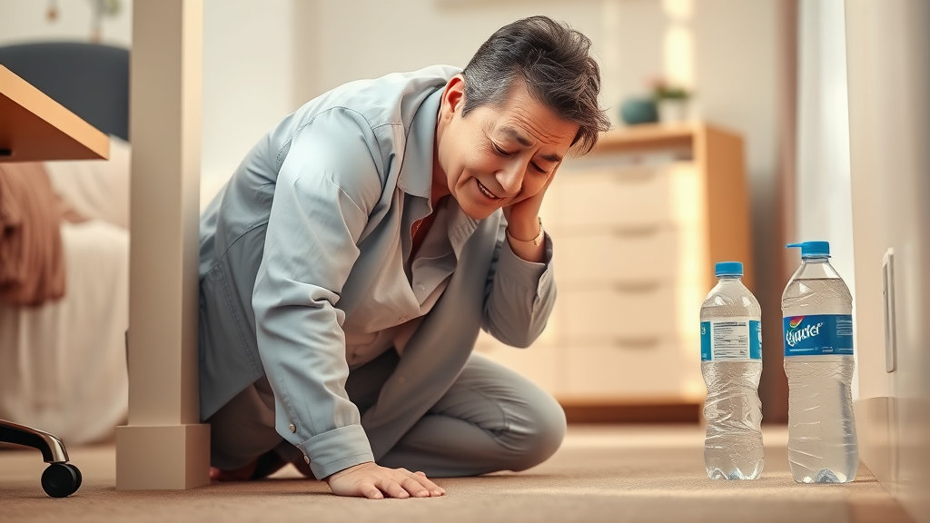 남성이 어지럼증으로 앉아 고통스러워 하는 모습