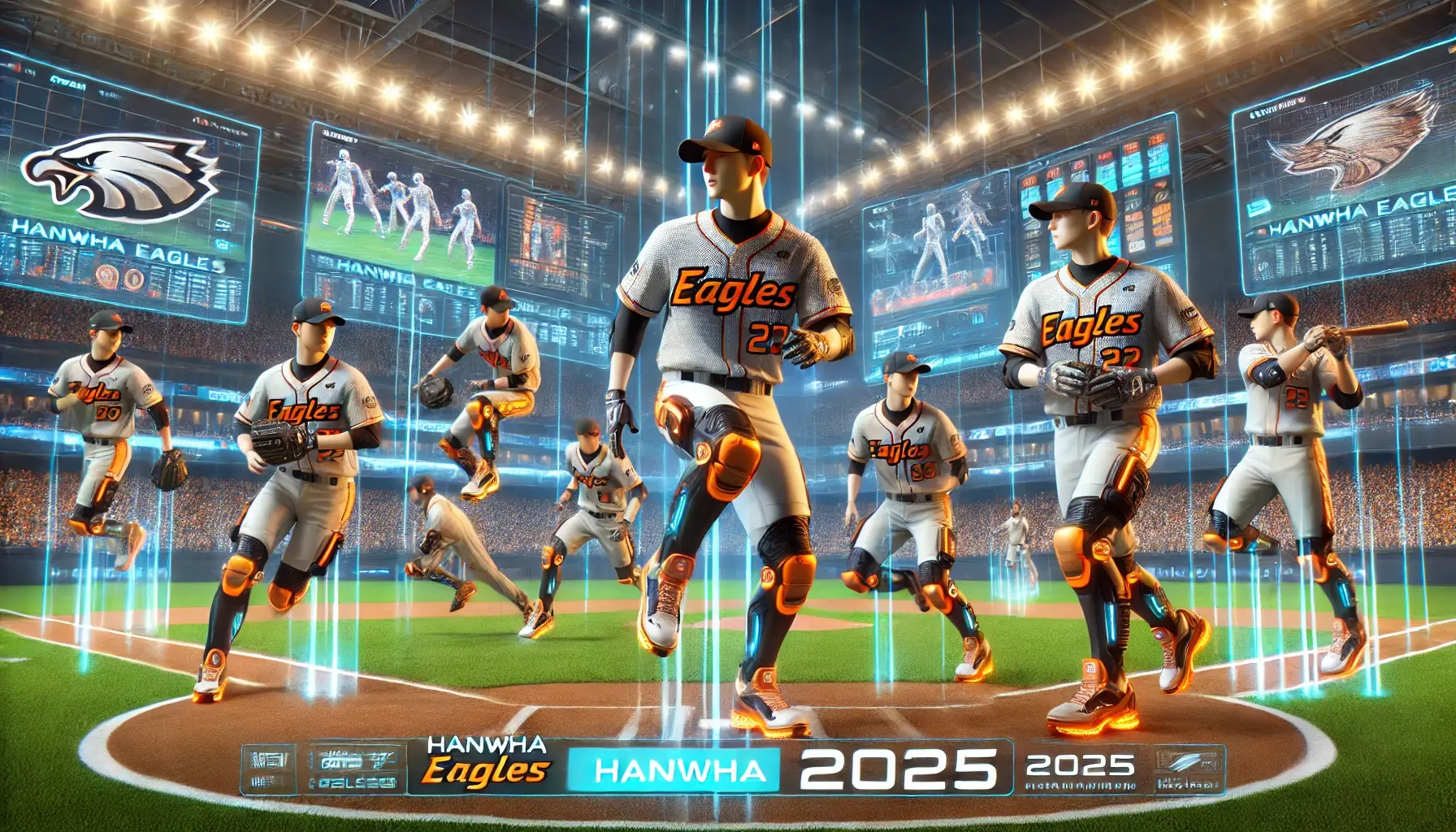 2025년 한화 이글스를 미래적으로 표현한 이미지입니다. 팀의 전통적인 주황색, 검은색, 흰색 조합과 하이테크 요소가 포함된 유니폼과 다이나믹한 경기 장면이 강조되었습니다.