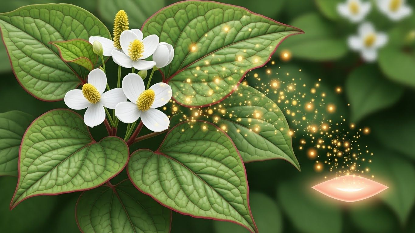 Houttuynia cordata (어성초) 잎과 꽃의 생생한 일러스트로, 케르세틴과 같은 활성 화합물을 상징하는 은빛 빛나는 입자가 방출됩니다.