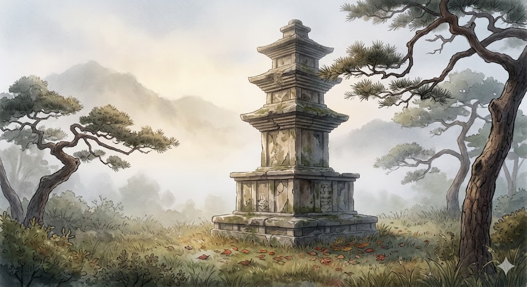 비바람을 맞으며 천 년의 세월을 버텨낸 경주의 낡은 석탑과 그 주변의 조용한 풍경을 담은 서정적인 모습