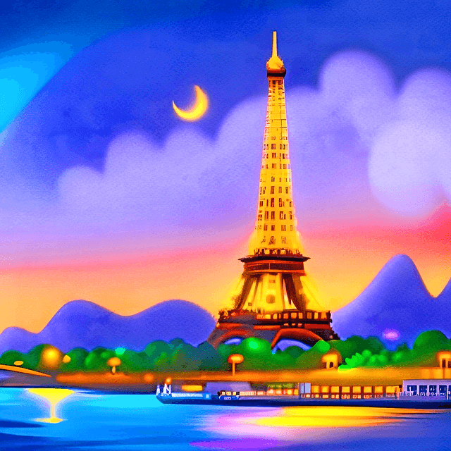 밤에 높이 세워진 황금색 에펠탑이 빛난다. 초승달이 떠있고 주변엔 센느강이 흐른다.