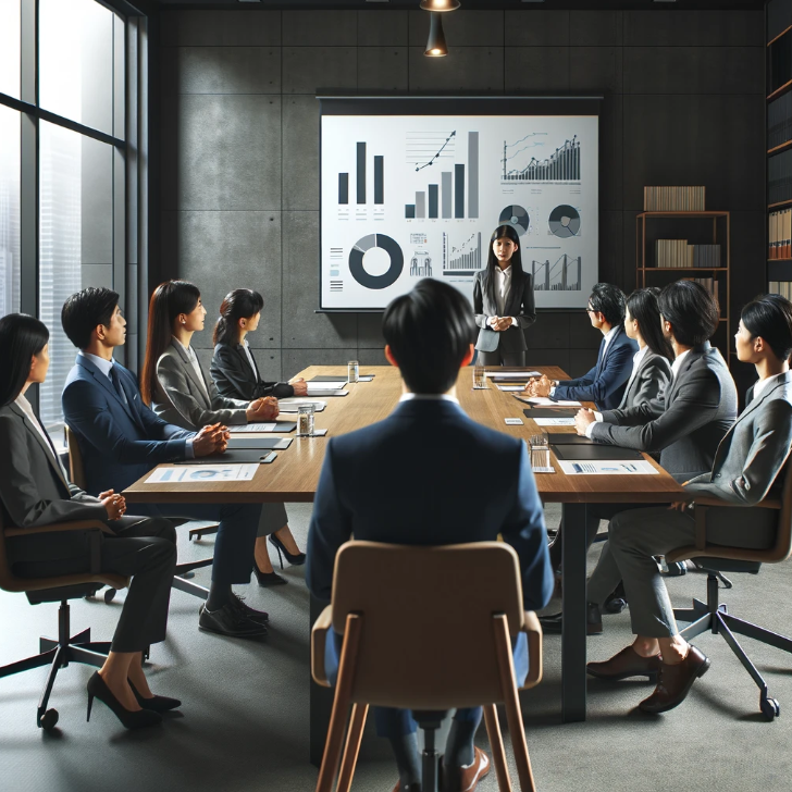 전문가들이 회의실에서 프리젠테이션을 하는 이미지