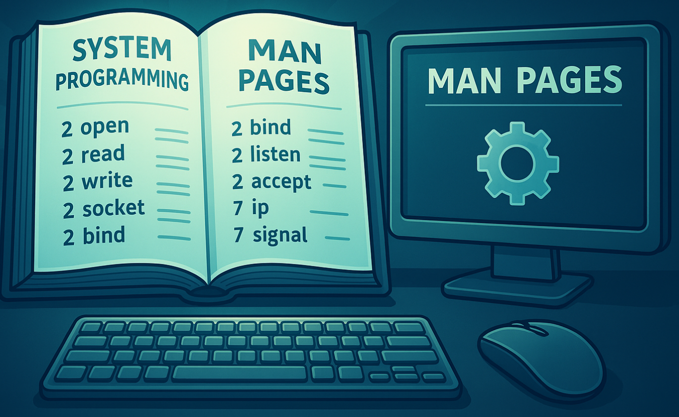 ์์คํ
ํ๋ก๊ทธ๋๋ฐ MAN PAGES๋ผ๋ ๊ธ์๊ฐ ์ ํ ๋น๋๋ ์ฑ
์ man 2 open·read·write·socket·bind·listen·accept์ man 7 ip·signal ๋ชฉ๋ก์ด ์ ํ ์๊ณ , ์์ ๋ชจ๋ํฐ์ ํค๋ณด๋๊ฐ ๋์ธ ์ผ๋ฌ์คํธ