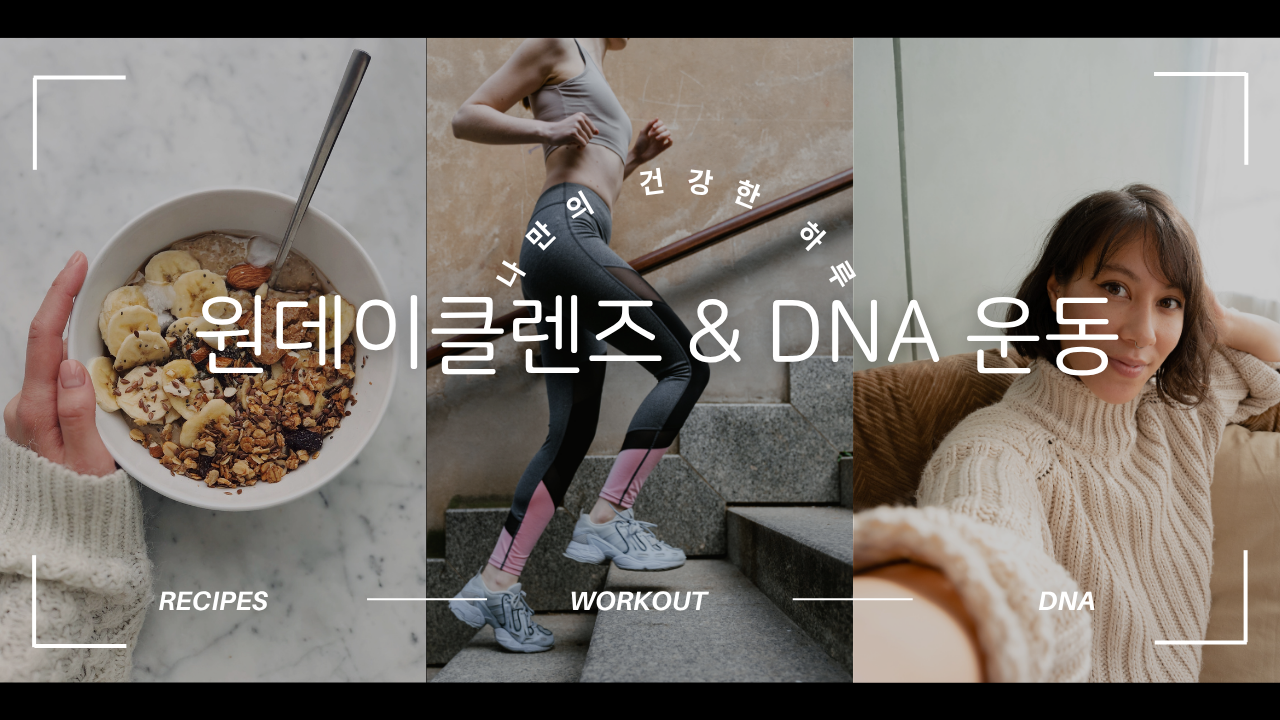 수퍼푸드를 가득 담은 먹음직스러운 다이어트 음식의 사진과 건강한 다리와 몸으로 계단을 오르는 운동중인 여성, 소파에 앉아 생각하는 모습으로 미소짓는 아름다운 여성의 모습이 펼쳐져있다.