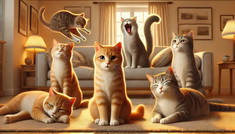 다양한 감정을 표현하는 고양이들의 따뜻한 실내 모습