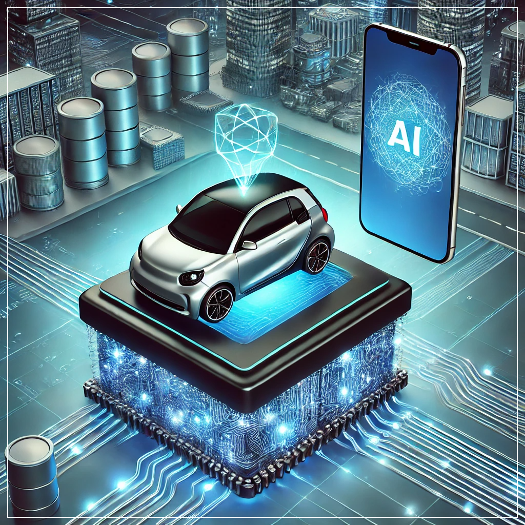 스마트 자동차와 스마트폰에 내장된 엣지 AI 컴퓨팅 시스템이 실시간 데이터를 처리하는 모습