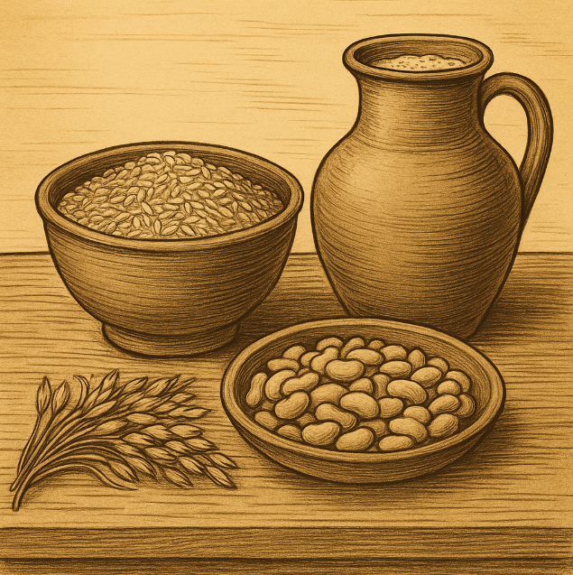 고대 로마 시대 보리와 콩, 뼛가루 음료가 식탁 위에 놓인 건강 식단 구성