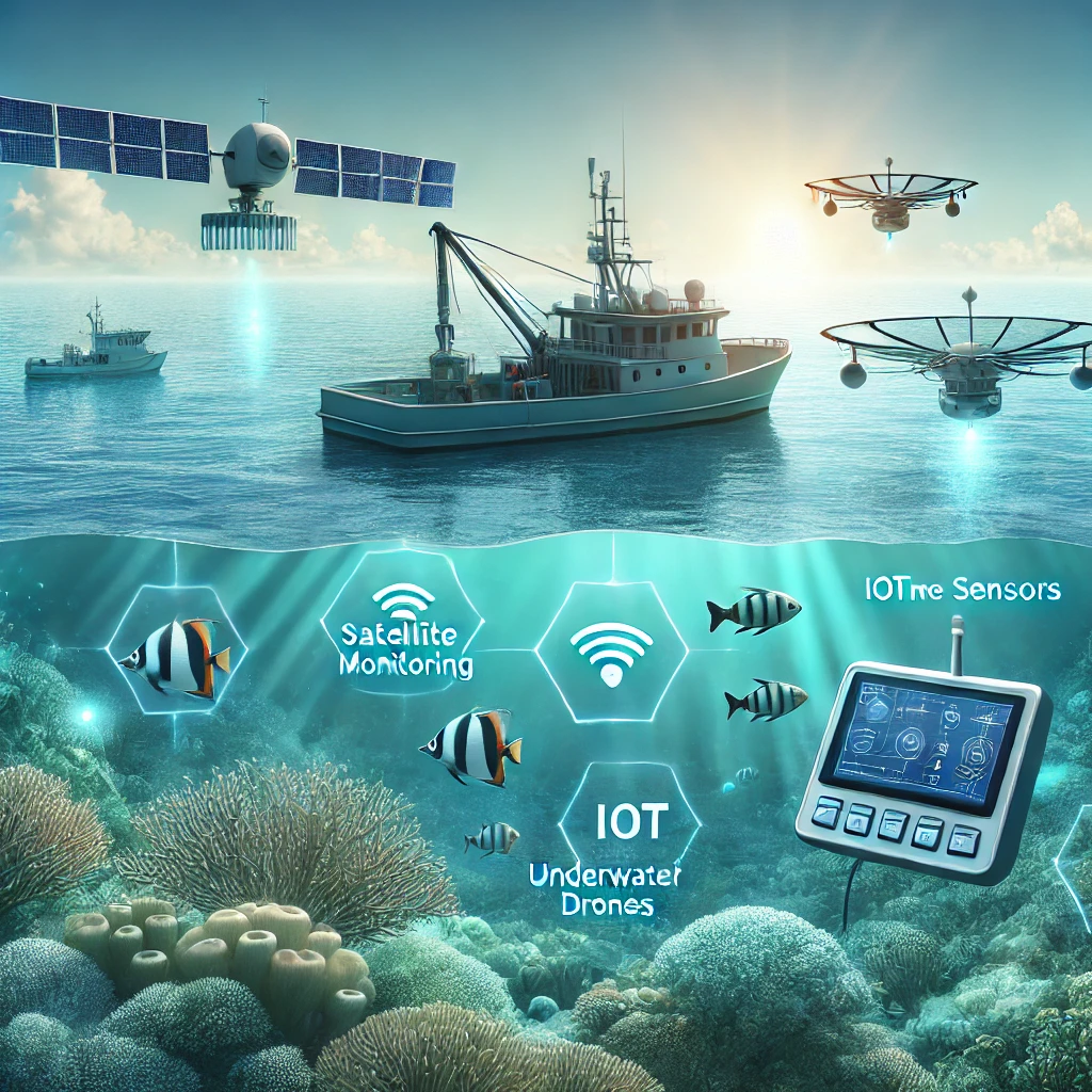 이 이미지는 스마트 어업 기술을 활용한 지속 가능한 어업 방식을 표현합니다. 위성 기반 모니터링과 IoT 센서가 장착된 현대식 어선이 바다 위에 있으며, 수중에는 드론과 다양한 해양 생물이 어우러진 건강한 생태계가 보입니다. 깨끗한 바다와 밝은 하늘을 배경으로 스마트 어업 기술이 수산 자원 보호에 어떻게 기여할 수 있는지 상징하는 장면입니다.