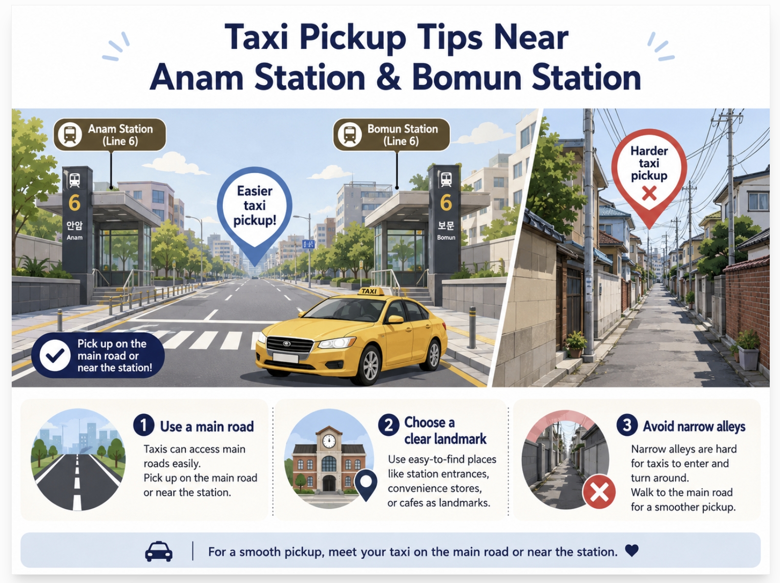 Taxi pickup tips near Anam Station and Bomun Station for STAY Lumi guests