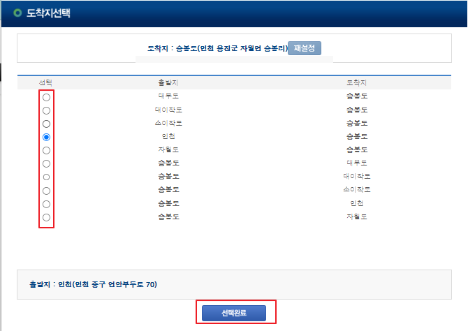 승봉도 차량 운임 요금