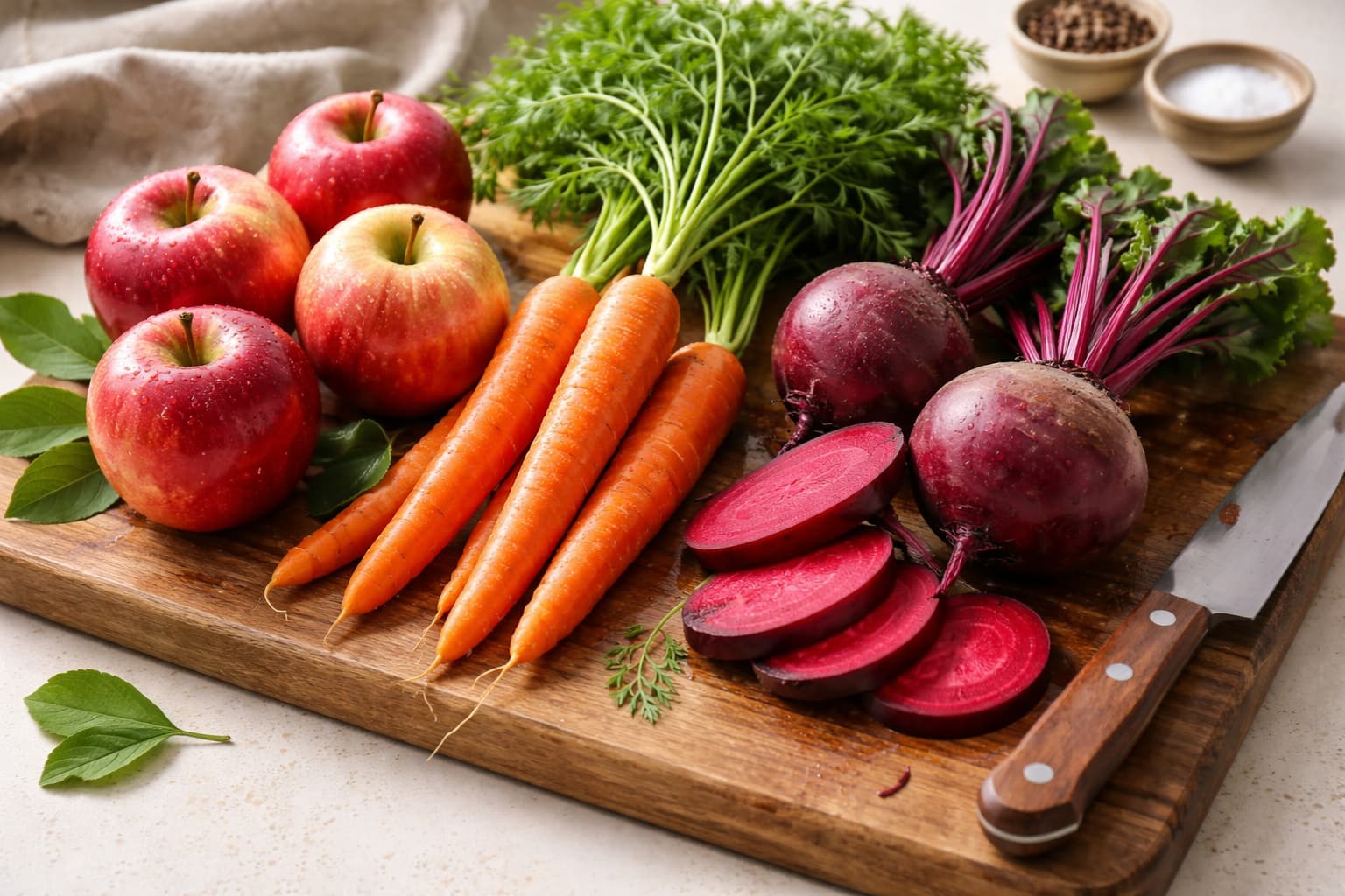 ABC 주스 재료인 사과, 당근, 레드비트의 신선한 모습