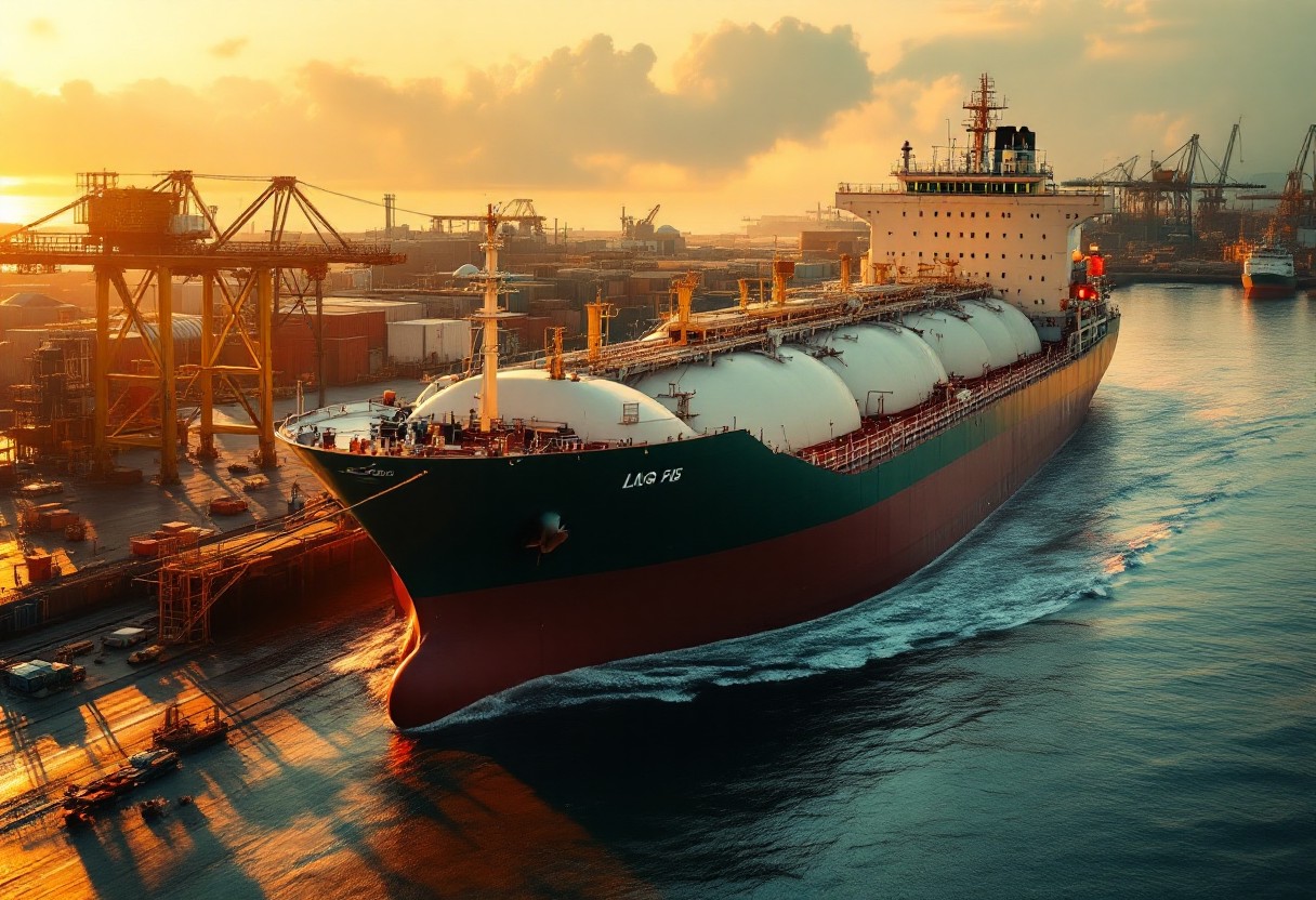 미국 LNG 수출을 위한 운반선이 항구에 정박해 있는 모습. 글로벌 에너지 안보에 기여하는 미국의 역할을 상징합니다.