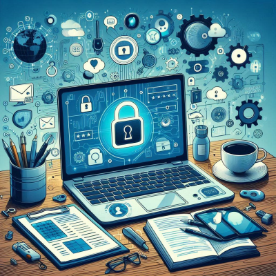 노트북 화면에 자물쇠 아이콘이 표시된 사이버 보안 개념.