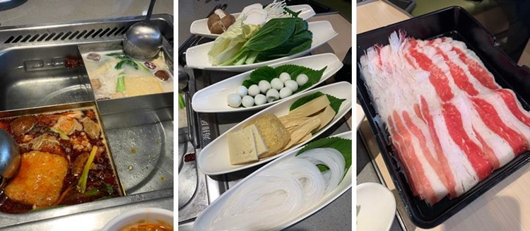 주문한 각종 모둠 재료와 고기