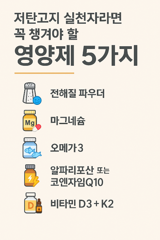 저탄고지 실천자에게 꼭 필요한 영양제 5가지(전해질 파우더, 마그네슘, 오메가3, 알파리포산/코엔자임Q10, 비타민 D3+K2)를 일러스트와 함께 정리한 인포그래픽