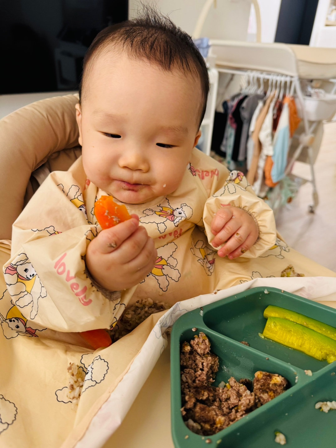 당근스틱을 손에 쥐고 바라보는 9개월 아기의 첫 자기주도 이유식 도전