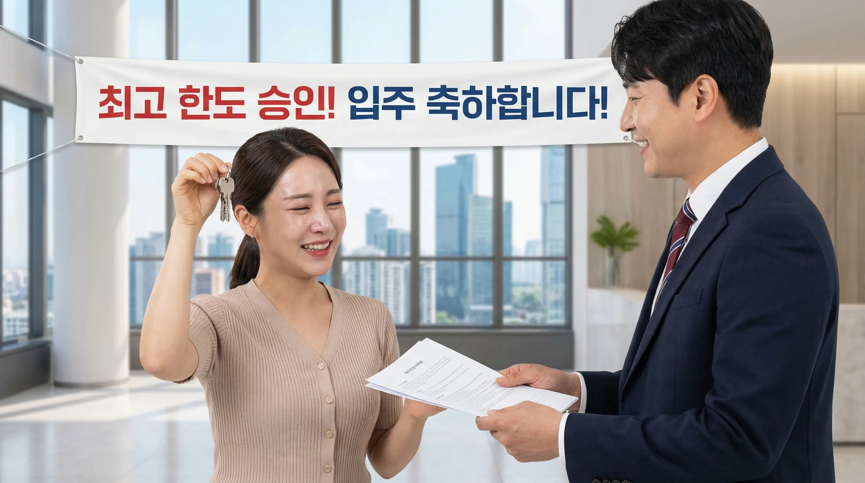 전문가를 통해 잔금 대출 한도를 최대로 승인받고 입주 키를 받으며 기뻐하는 투자자의 모습