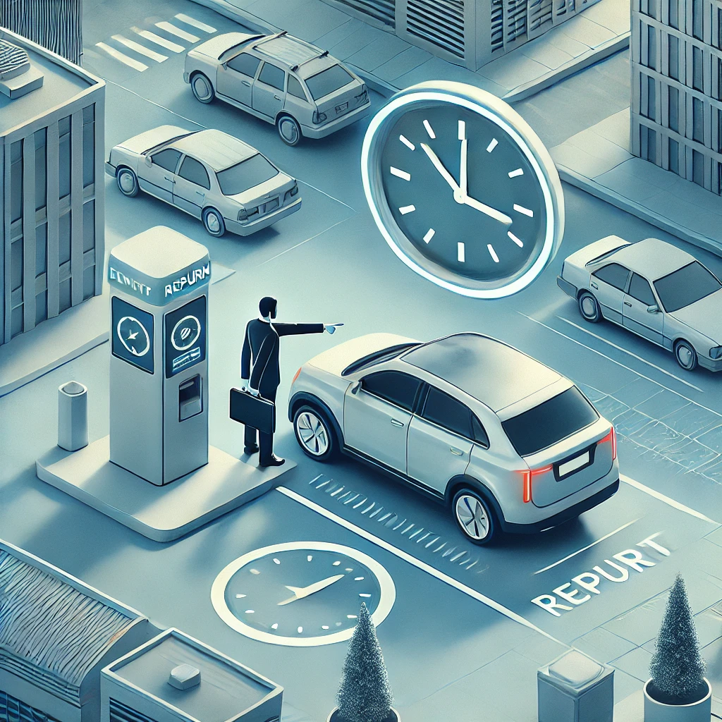 사용자가 지정된 스테이션에서 차량을 정시에 픽업하고 반납하는 모습. 시간 관리와 서비스 이용 매너가 강조된 도시 환경